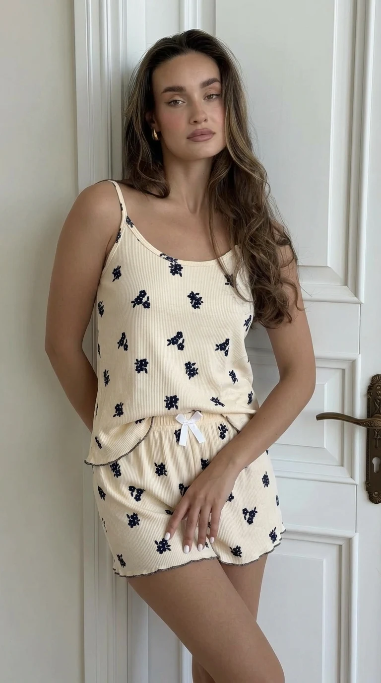 PIJAMA NATURAL CON FLORES NEGRAS, foto 1 de 2